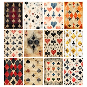 May include: A collection of playing card designs featuring various suits, including hearts, diamonds, clubs, and spades. The designs showcase watercolor textures, ornate patterns, and vintage aesthetics. The color palette includes red, black, gold, and cream.