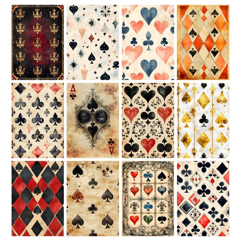May include: A collection of playing card designs featuring various suits, including hearts, diamonds, clubs, and spades. The designs showcase watercolor textures, ornate patterns, and vintage aesthetics. The color palette includes red, black, gold, and cream.