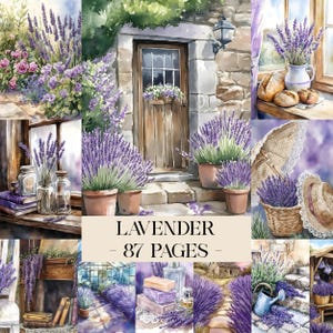 May include: Watercolor illustration featuring lavender plants in pots, bouquets, and fields. The image includes a stone building with a wooden door, a window, and the text "LAVENDER - 87 PAGES". The color palette is dominated by shades of purple and green.
