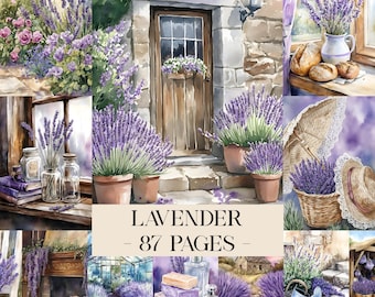 Op de afbeelding: Waterverfillustratie met lavendelplanten in potten, boeketten en velden. De afbeelding toont een stenen gebouw met een houten deur, een raam en de tekst "LAVENDER - 87 PAGES". Het kleurenpalet wordt gedomineerd door paarse en groene tinten.