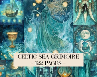 Páginas de Grimório do Mar Celta, Kit de Diário de Sereias, Papel Digital Oceânico, Páginas de Diário Marinho, Objetos Marinhos Imprimíveis, Álbum de Recortes Subaquático