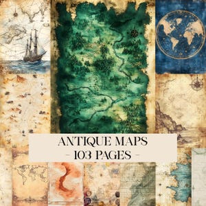 May include: A collage of antique maps with a variety of styles and colors. The maps include nautical charts, world maps, and detailed land maps. The text "ANTIQUE MAPS - 103 PAGES -" is displayed across the center.