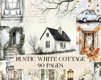 Rustic White Cottage Digital Junk Journal Kit, Shabby Chic Countryside Digital Scrapbook Papers, Landscape Journal Botanical Decoupage Paper