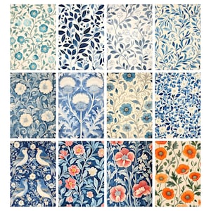 May include: A collection of twelve patterned fabric swatches. The designs feature floral and botanical motifs in shades of blue, white, and red. Some swatches include birds and poppies. The patterns are suitable for wallpaper, fabric, or home decor.