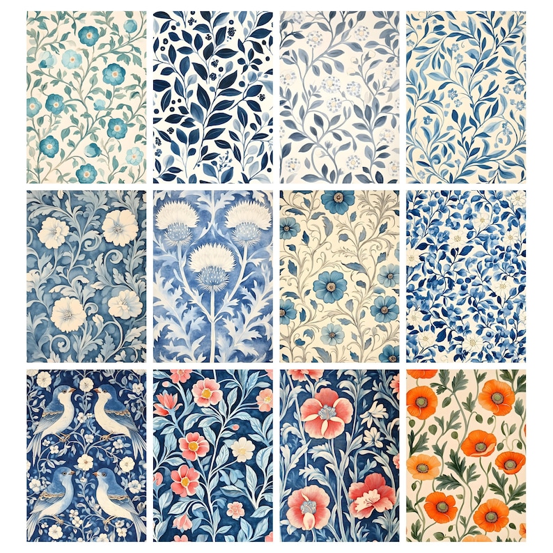 May include: A collection of twelve patterned fabric swatches. The designs feature floral and botanical motifs in shades of blue, white, and red. Some swatches include birds and poppies. The patterns are suitable for wallpaper, fabric, or home decor.