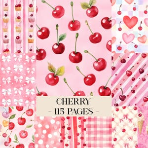 Puede incluir: Una colección de papeles digitales rosas con patrones de cerezas, lazos, cupcakes y corazones. La imagen incluye el texto "CHERRY - 115 PAGES -" en un rectángulo blanco. Los papeles presentan ilustraciones de acuarela de cerezas, lazos, cupcakes y corazones.