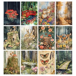 Pu&ograve; includere: Una collezione di stampe artistiche ad acquerello raffiguranti scene di foresta. Le stampe raffigurano funghi, un ponte rosso, scoiattoli, un sentiero tra gli alberi, un ceppo con funghi, conigli, cervi, farfalle e una panchina di pietra.