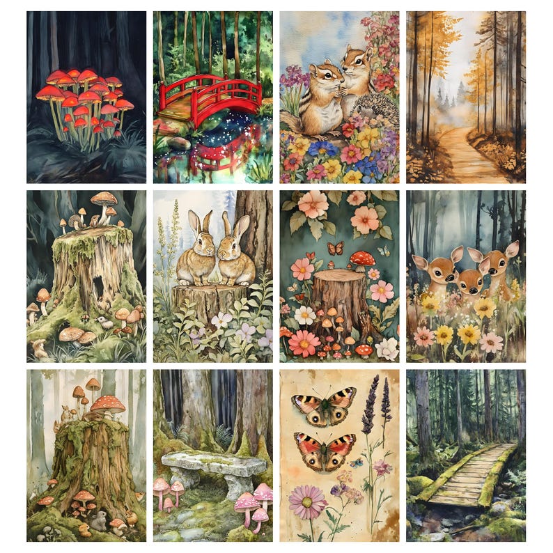 Pu&ograve; includere: Una collezione di stampe artistiche ad acquerello raffiguranti scene di foresta. Le stampe raffigurano funghi, un ponte rosso, scoiattoli, un sentiero tra gli alberi, un ceppo con funghi, conigli, cervi, farfalle e una panchina di pietra.