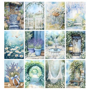 May include: A collection of watercolor paintings depicting serene garden scenes. Each painting features elements like flowers, arches, doors, and benches, with a soft color palette of blues, greens, and whites. The artwork evokes a sense of tranquility and natural beauty.
