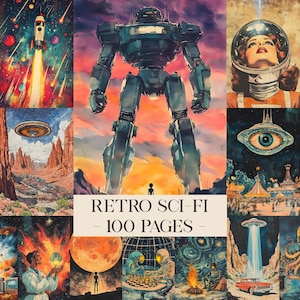 May include: A collage of retro sci-fi illustrations, including rockets, robots, and space scenes. The text "Retro Sci-Fi - 100 Pages" is displayed. The artwork has a vintage, comic book style, reminiscent of classic sci-fi.