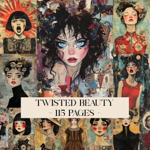 May include: A collage of artistic portraits with a gothic theme. The central image features a woman with striking blue eyes and dark hair. The text "TWISTED BEAUTY - 115 PAGES -" is displayed on a cream-colored banner.