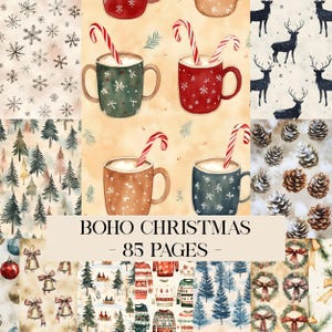 May include: A collage of Christmas-themed digital papers. The image features mugs with candy canes, snowflakes, pine trees, deer, pine cones, ornaments, bells, sweaters, and wreaths. Text reads "BOHO CHRISTMAS - 85 PAGES".