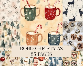 May include: A collage of Christmas-themed digital papers. The image features mugs with candy canes, snowflakes, pine trees, deer, pine cones, ornaments, bells, sweaters, and wreaths. Text reads "BOHO CHRISTMAS - 85 PAGES".