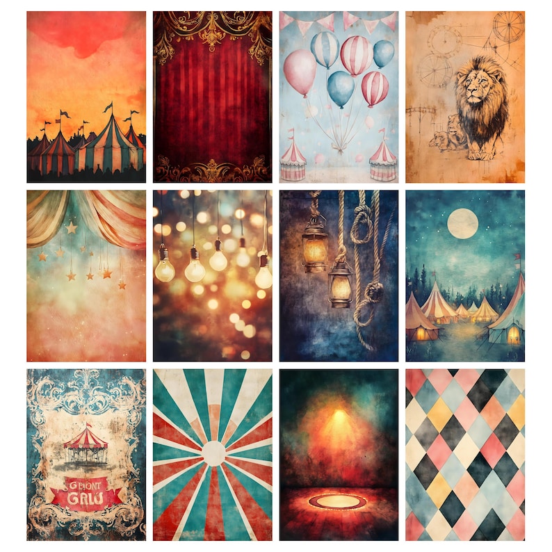 May include: A collection of watercolor-style circus and carnival-themed backdrops. The images feature tents, balloons, lights, and a lion illustration. Colors include red, blue, orange, and gold. Some backdrops have a vintage, distressed look.