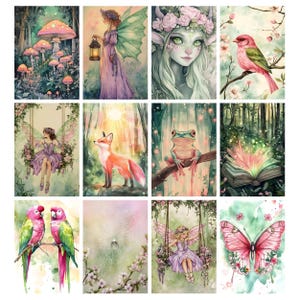 May include: A collection of watercolor art prints featuring whimsical scenes. The images include fairies, mushrooms, a fox, a frog, a bird, a butterfly, and an open book with glowing pages. The color palette is soft, with greens, pinks, and purples.