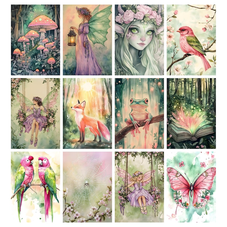 May include: A collection of watercolor art prints featuring whimsical scenes. The images include fairies, mushrooms, a fox, a frog, a bird, a butterfly, and an open book with glowing pages. The color palette is soft, with greens, pinks, and purples.