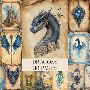 Könnte beinhalten: Eine Sammlung von Fantasy-Illustrationen mit Drachen, Burgen und Schmuck. Das zentrale Bild zeigt einen blauen Drachen mit rosa Blumen. Der Text auf dem Bild lautet "DRAGONS - 118 PAGES". Die Kunstwerke haben einen Vintage-Aquarellstil.