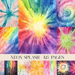 May include: A collection of watercolor tie-dye patterns in vibrant colors. The designs include radial bursts, spirals, and splatters in shades of blue, green, yellow, pink, and purple. The text "NEON SPLASH - 127 PAGES" is displayed at the bottom.