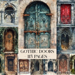 Op de afbeelding: Een collage van aquarel illustraties van gotische deuren in verschillende stijlen. De deuren zijn in tinten bruin, rood en blauwgroen, met stenen bogen en architectonische details. De tekst "Gothic Doors - 115 Pagina's" wordt weergegeven.