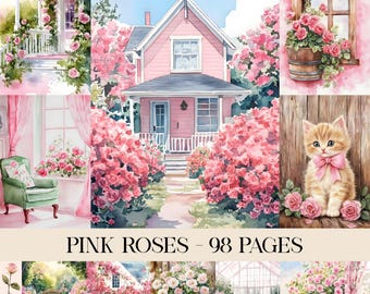 Pink Roses Junk Journal Pages, Floral Pages, Scrapbook Printable, Printable Paper, Digital Collage, Junk Journal Kit, Digital Paper