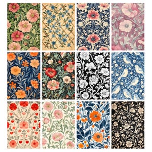 May include: A collection of floral pattern designs featuring various flowers, including poppies and other blooms, in a range of colors such as pink, orange, blue, and white. The designs are arranged in a grid, showcasing different styles and color palettes.