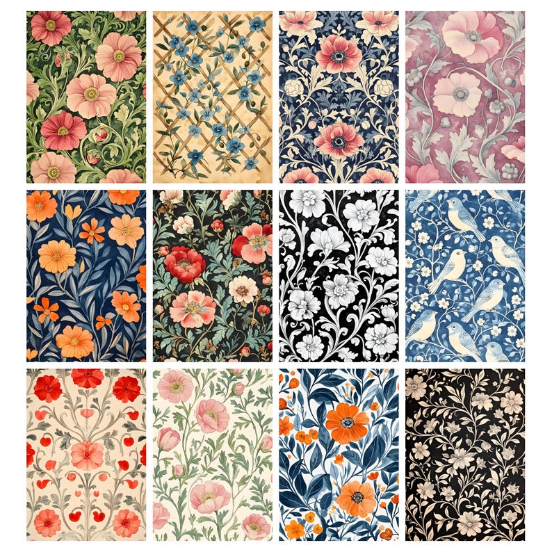 May include: A collection of floral pattern designs featuring various flowers, including poppies and other blooms, in a range of colors such as pink, orange, blue, and white. The designs are arranged in a grid, showcasing different styles and color palettes.