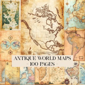 Op de afbeelding: Een verzameling antieke wereldkaarten met 100 pagina's aan vintage cartografie. De afbeeldingen tonen diverse continenten, waaronder Noord-Amerika, Europa en Zuid-Amerika, voorzien van verouderde perkamenttexturen, kompasrozen en nautische details.
