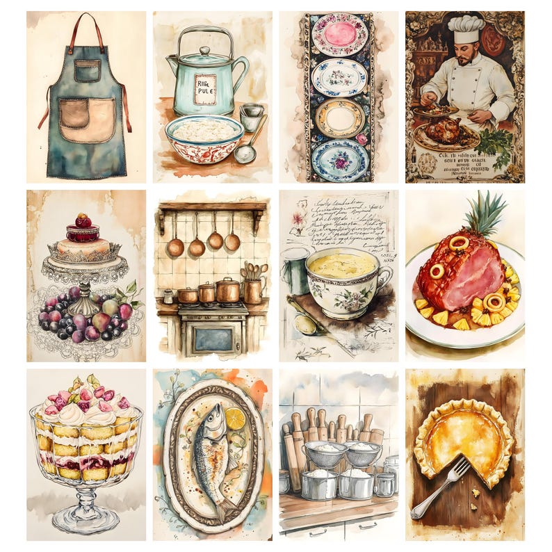 Pode incluir: Ilustra&ccedil;&otilde;es em aquarela de artigos de cozinha e alimentos. As imagens incluem um avental, uma chaleira, uma pilha de pratos, um chef, um bolo, utens&iacute;lios de cozinha, uma x&iacute;cara de sopa, um presunto com abacaxi, um trifle, um peixe, suprimentos para assar e uma torta.