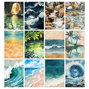 Op de afbeelding: Een verzameling van twaalf aquarel schilderijen die verschillende water sc&egrave;nes uitbeelden. De afbeeldingen omvatten een grot, oceaangolven, een waterval, een beek met rotsen, onderwaterzichten en strandsc&egrave;nes met palmbomen.