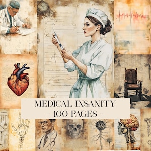 Vintage medicinsk skräpjournal, sjuksköterskeskräpjournalsidor, medicinska efemera, vintage anatomiklippbok, sjuksköterskeläkareskräpjournal