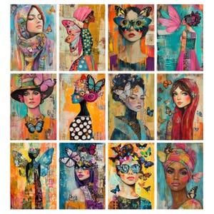 May include: A collection of twelve colorful, artistic portraits of women, each adorned with butterfly motifs. The paintings feature vibrant hues, with butterflies incorporated into the women's attire, hair, and surroundings, creating a whimsical and imaginative theme.