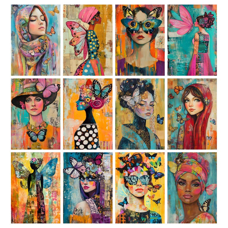 May include: A collection of twelve colorful, artistic portraits of women, each adorned with butterfly motifs. The paintings feature vibrant hues, with butterflies incorporated into the women's attire, hair, and surroundings, creating a whimsical and imaginative theme.