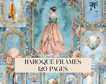 Barokke lijsten digitaal papier, Victoriaanse rommeltijdschriftpagina's, antieke lijsten, rococostijl, lichtblauw papier shabby chic vintage rommeljournaal