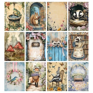 May include: A collection of twelve watercolor illustrations featuring whimsical scenes. The images depict animals like a frog, squirrel, badger, hedgehog, and fox in various settings, including a fountain, library, and garden. Each image is framed with floral elements.