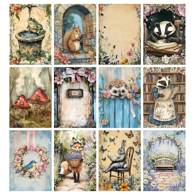 May include: A collection of twelve watercolor illustrations featuring whimsical scenes. The images depict animals like a frog, squirrel, badger, hedgehog, and fox in various settings, including a fountain, library, and garden. Each image is framed with floral elements.