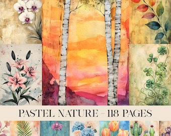 Pastel Nature Collage Pages, Digital Paper, Forest, Botanical, Leaves, Spring, Flowers, Junk Journal Pages, Scrapbook Paper, Printable