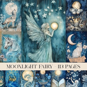 May include: A collection of watercolor illustrations with a fantasy theme. The images feature a fairy, wolf, unicorn, cat, and other celestial elements. The color palette is dominated by shades of blue and white, with accents of gold and yellow. Text reads "MOONLIGHT FAIRY - 113 PAGES."