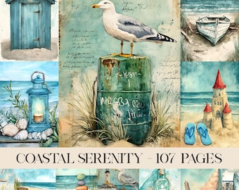 Coastal Serenity Journal Pages, Coastal Journal, Nautical Journal, Nautical Printable, Nautical Pages Ephemera Printable Paper Digital Paper