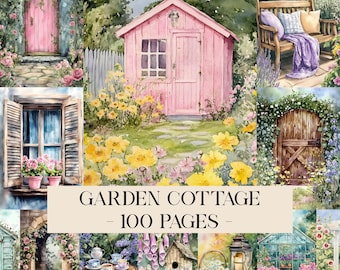 May include: Watercolor illustrations of garden scenes, including a pink cottage, arched doorways, and a wooden bench. The images are surrounded by flowers and greenery. Text on the image reads "GARDEN COTTAGE - 100 PAGES".