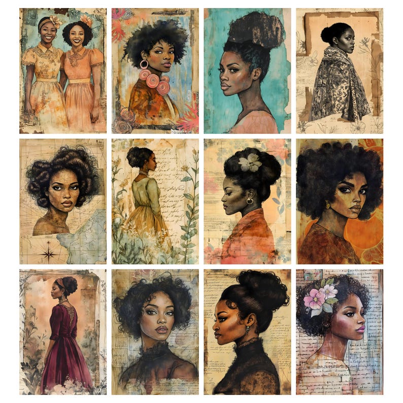 May include: A collection of twelve watercolor portraits of Black women. The portraits feature various hairstyles, clothing, and accessories, with a vintage aesthetic. The color palette includes warm tones, such as orange, brown, and beige, with floral and botanical elements.
