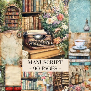 Puede incluir: Un collage con una máquina de escribir vintage, libros, flores y una taza de té. Se muestra el texto "MANUSCRITO - 90 PÁGINAS". La imagen tiene una estética cálida y antigua, con un enfoque en elementos literarios y botánicos.