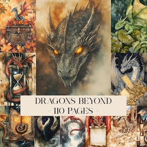 May include: A collage of watercolor dragon illustrations. The central image features a close-up of a dragon's head with glowing orange eyes. The text "DRAGONS BEYOND - 110 PAGES" is displayed across the bottom.