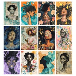 May include: A collection of twelve watercolor portraits of women. Each portrait features a different woman with unique hairstyles, clothing, and backgrounds. The color palettes vary, including blues, oranges, and floral patterns. The portraits are artistic and expressive.