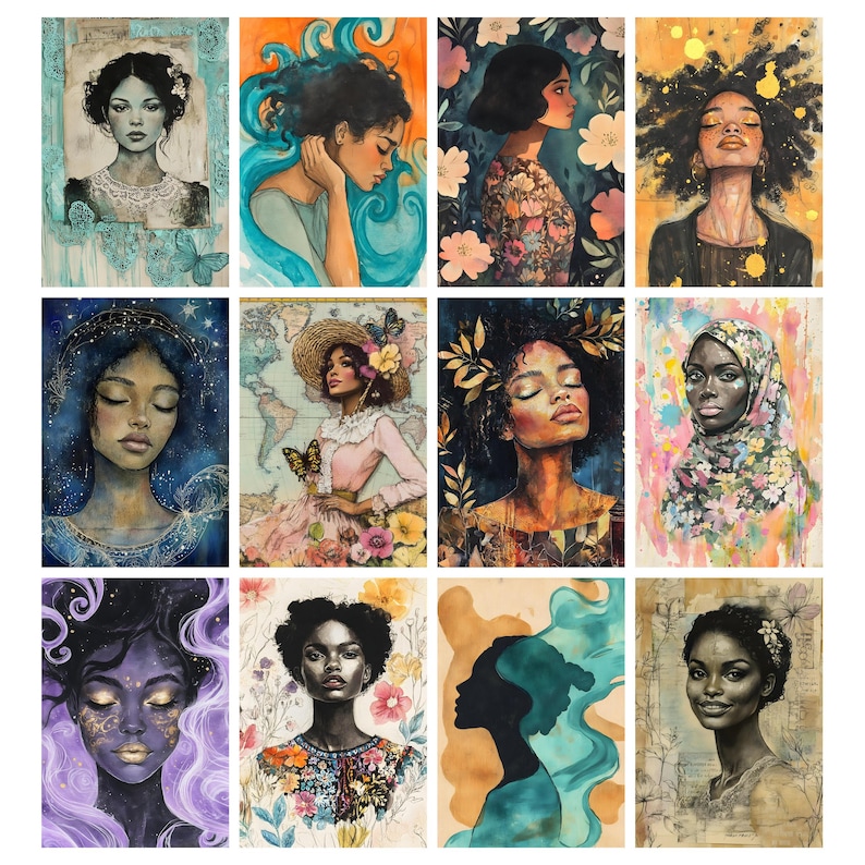 May include: A collection of twelve watercolor portraits of women. Each portrait features a different woman with unique hairstyles, clothing, and backgrounds. The color palettes vary, including blues, oranges, and floral patterns. The portraits are artistic and expressive.
