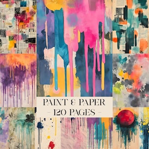 May include: A collection of abstract watercolour art pieces in various colours, including pink, blue, yellow, and purple. The text "PAINT & PAPER - 120 PAGES" is displayed. The art pieces feature paint drips and splatters, creating a vibrant effect.