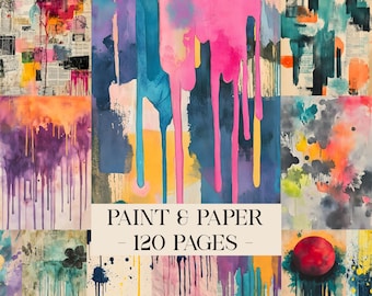 Puede incluir: Un collage de piezas de arte abstracto en acuarela con una variedad de colores, incluyendo rosa, azul, amarillo y morado. El texto "PAINT & PAPER - 120 PAGES" se muestra en el centro. Las piezas de arte presentan goteos y salpicaduras de pintura.