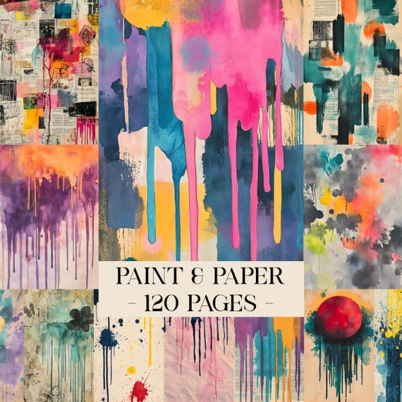Paint & Paper Backgrounds, Digital Download Paper Set, Whimsical, Quirky, Junk Journal Pages Scrapbook Papers Printable DIY Card Making Pack