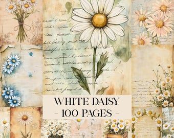 White Daisy Junk Journal Pages, Daisy Flower Junk Journal Kit, Vintage Printable Scrapbook, Cottagecore Floral Daisy Ephemera Floral Journal