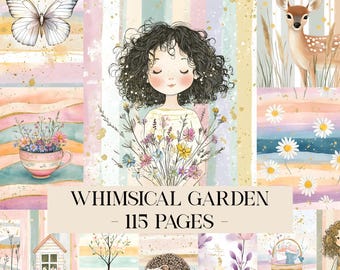 Whimsical Girls Junk Journal Kit, Printable Vintage Ephemera, Shabby Chic Garden Scrapbook Papers, Whimsical Ephemera, Floral Digital Papers