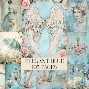 Elegant Blue Junk Journal Printable Pages, Junk Journal Kit, Scrapbook Printable, Printable Paper, Digital Collage Sheet Shabby Chic Journal